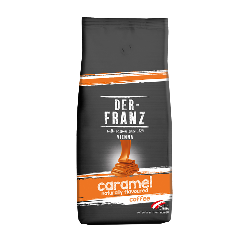 Cafea aromatizată cu caramel, boabe întregi, 500g