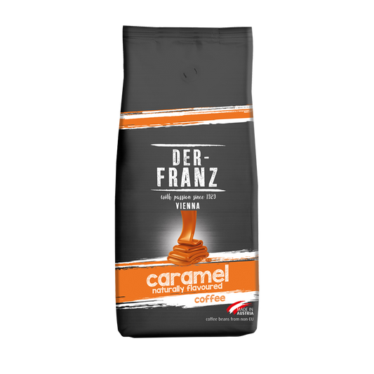 Cafea aromatizată cu caramel, boabe întregi, 500g